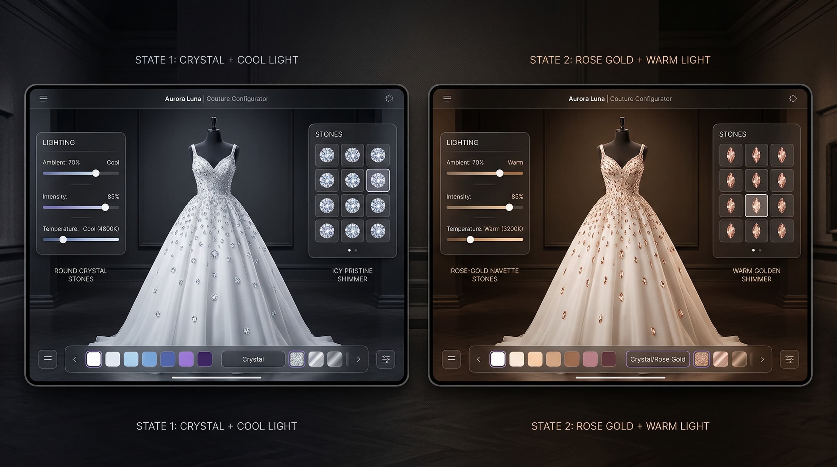 Showra configurator showing material and lighting states
